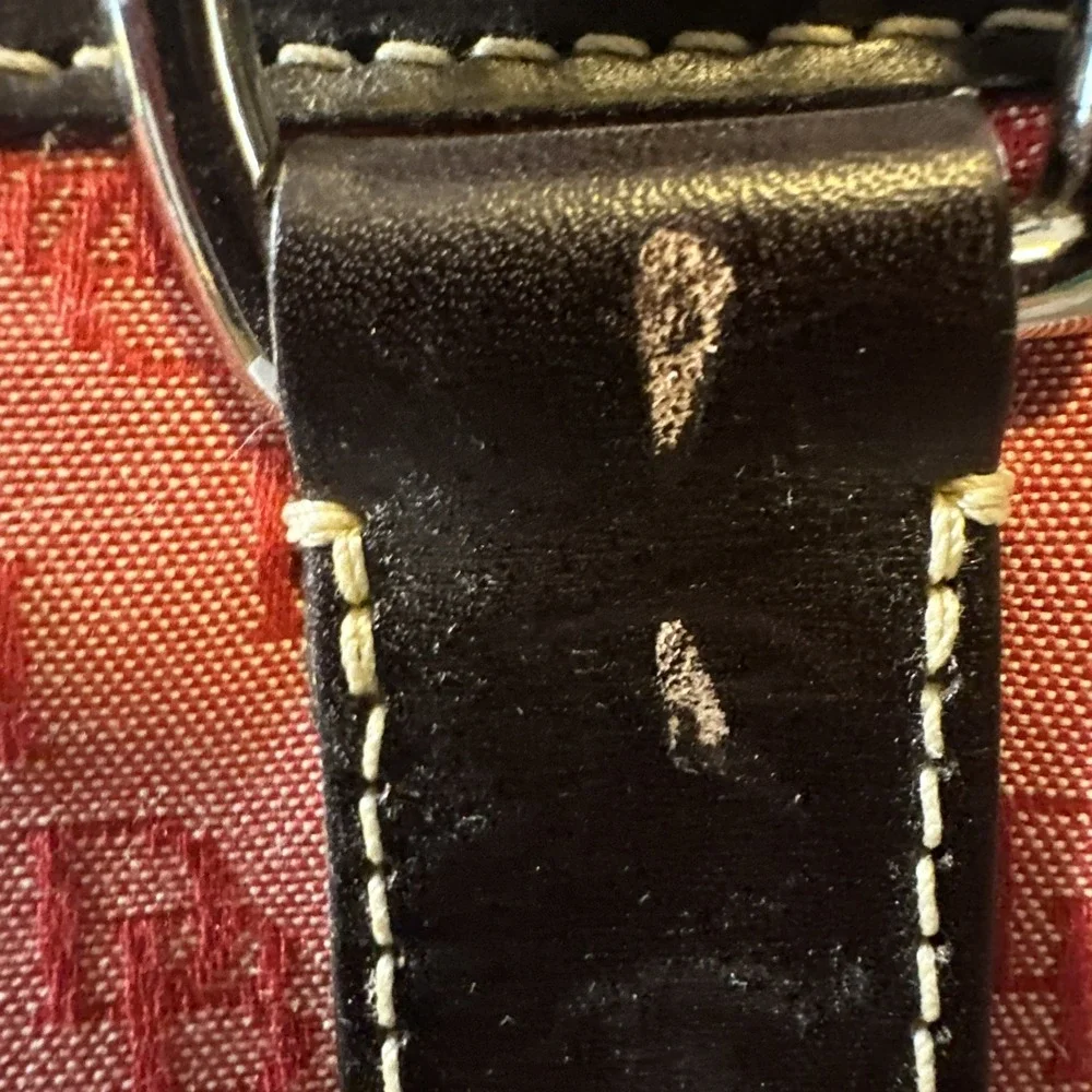 Vtg Dooney & Bourke Red Signature Anniver Double Pocket Leather Trim Coin Sachel